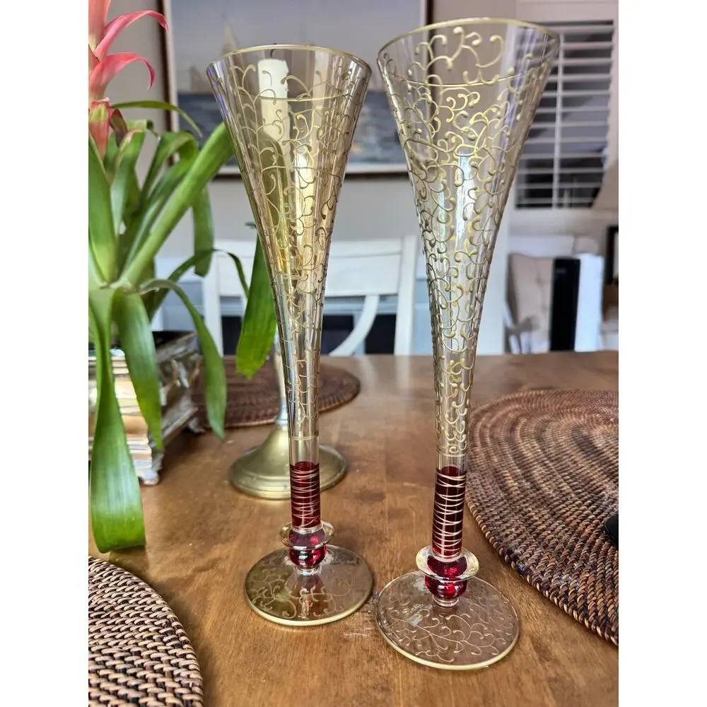 Pier 1 Imports Rioja Ruby and Gold Hand Painted Champagne Flute Glasses